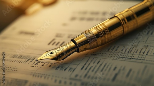 A close-up of a luxurious golden fountain pen resting on financial documents, symbolizing finance and professionalism.