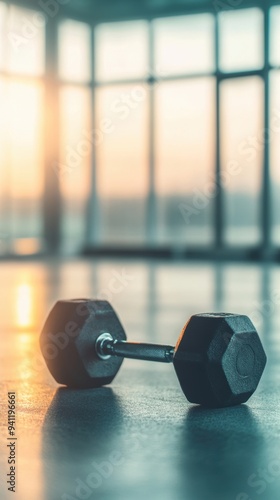 Wallpaper Mural A single dumbbell resting on a gym floor with large windows letting in soft sunrise light, symbolizing fitness motivation. Torontodigital.ca