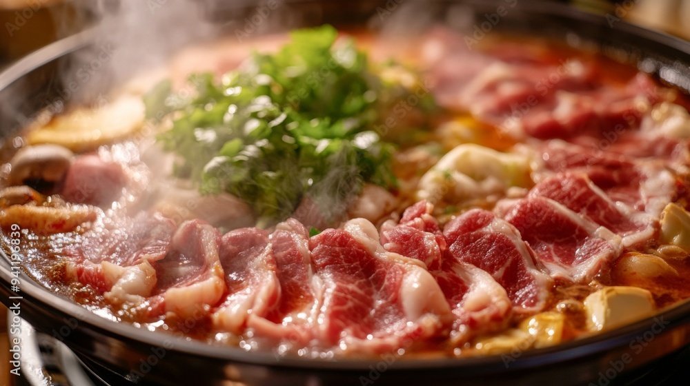 A close-up of a hot pot with an assortment of sliced meats and vegetables, showing the vibrant and fresh ingredients as they cook in the steaming broth. A close-up of a hot pot with an assortment of sliced meats and vegetables, showing the vibrant and fresh ingredients as they cook in the steaming broth.