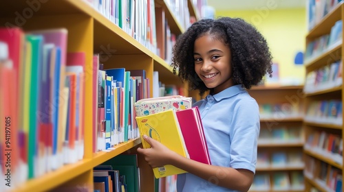 A young girl smiles while holding books in a library.