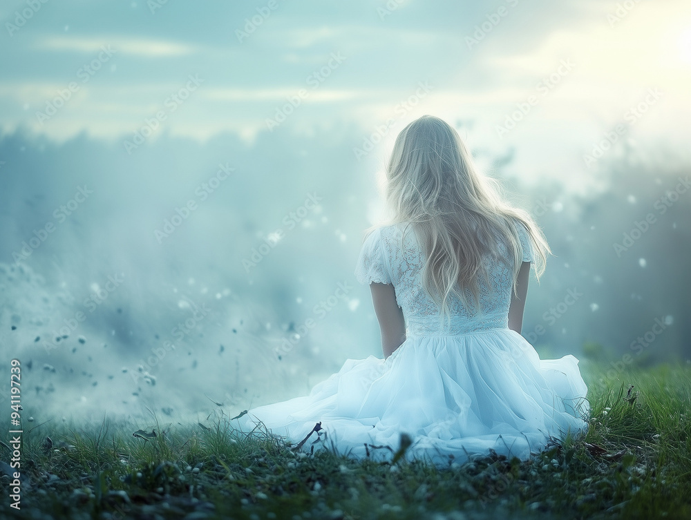 A young woman sitting alone in a soft, dreamlike landscape, her back turned as she gazes into the distance, embodying a feeling of yearning and peaceful reflection. A young woman sitting alone in a soft, dreamlike landscape, her back turned as she gazes into the distance, embodying a feeling of yearning and peaceful reflection.
