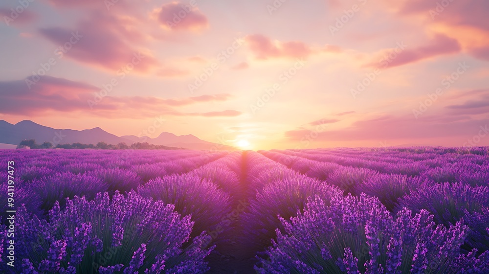 Serene 3D Render of Vibrant Lavender Field at Pastel Sunset - High Resolution Hyper Realism with Gentle Lighting and Rich Detail Serene 3D Render of Vibrant Lavender Field at Pastel Sunset - High Resolution Hyper Realism with Gentle Lighting and Rich Detail
