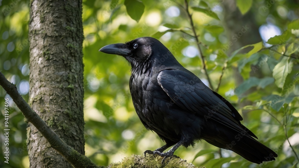 A black crow is perched on a tree branch A black crow is perched on a tree branch