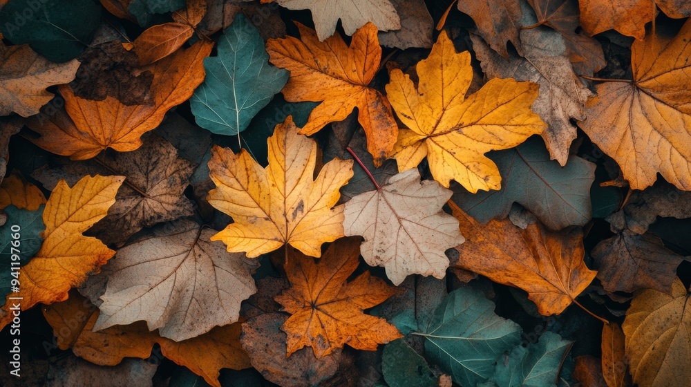 A close up of a pile of leaves that are brown and yellow, AI A close up of a pile of leaves that are brown and yellow, AI