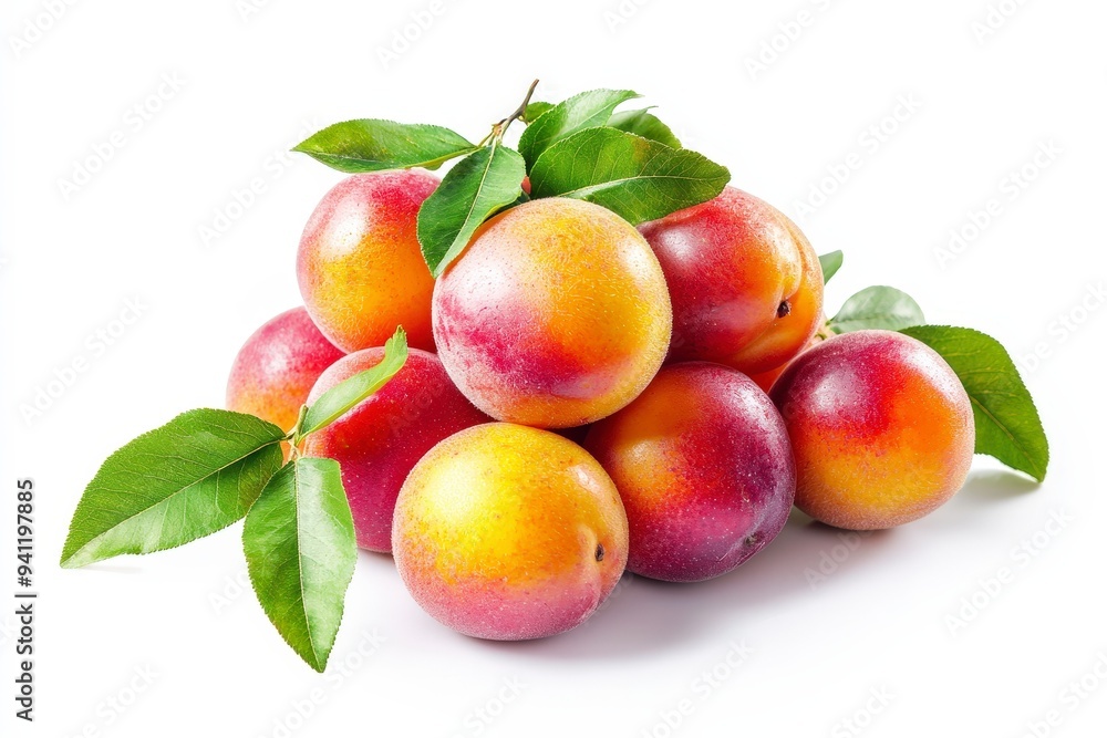 A pile of ripe, colorful plums with green leaves on a white background. A pile of ripe, colorful plums with green leaves on a white background.