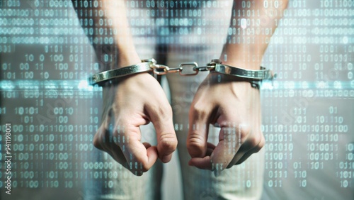 A man in a black turtleneck is handcuffed with handcuffs. Concept of an arrest for breach of cyber security.