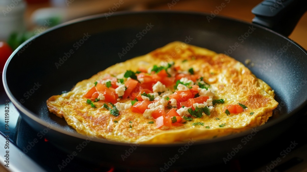 A close-up of a non-stick frying pan with a vibrant omelet being flipped, highlighting the smooth surface and even cooking with minimal oil. A close-up of a non-stick frying pan with a vibrant omelet being flipped, highlighting the smooth surface and even cooking with minimal oil.