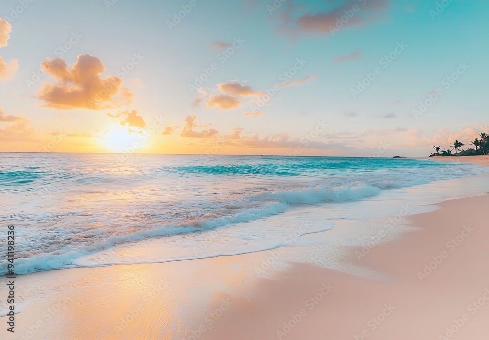 Serene Sunset Over a Tranquil Beach with Gentle Waves Serene Sunset Over a Tranquil Beach with Gentle Waves