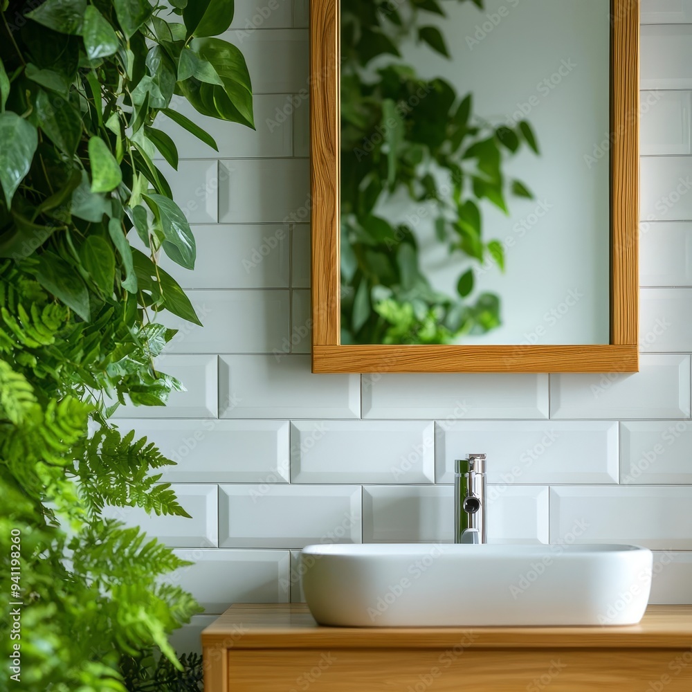 Fototapeta premium A bathroom with wooden accents, such as a wooden vanity and mirror frame, paired with white tiles and greenery, creating a spa-like ambiance