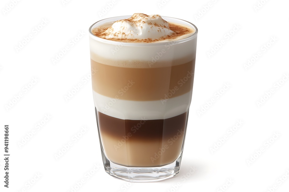 Rich and Decadent Macchiato with Espresso Shot and Frothy Top in Clear Glass on White Background Rich and Decadent Macchiato with Espresso Shot and Frothy Top in Clear Glass on White Background