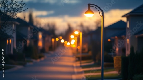 Fototapeta Naklejka Na Ścianę i Meble -  A close-up of a row of streetlights along a suburban street, casting a soft, golden glow on the empty road and surrounding houses.