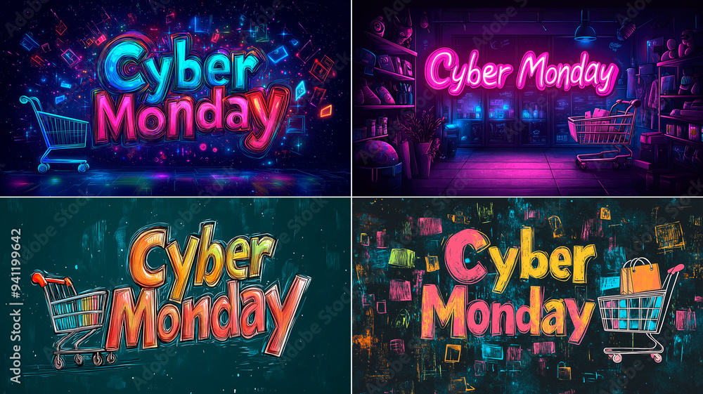 Fototapeta premium Vibrant Cyber Monday deals and carts, website advert, blog banner, sale banner, Cyber Monday advertising, commercial advert
