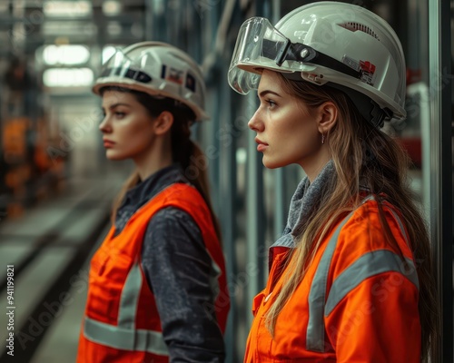 Girls in safety gear confidently handling complex tasks in an industrial setting, breaking gender norms, empowerment in labor