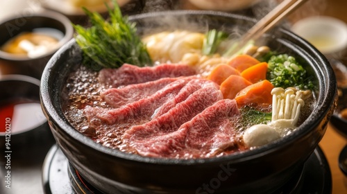 A close-up of a shabu-shabu meal from above, showcasing thinly sliced beef and fresh vegetables cooking in a bubbling hot pot, with chopsticks and dipping sauces on the side.