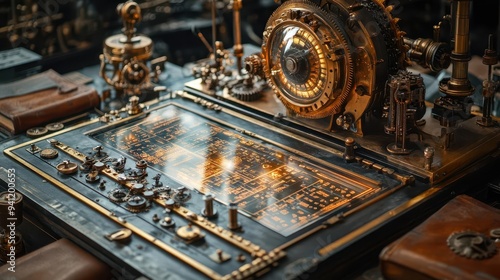 intricate steampunkinspired financial planning device brass gears and cogs surrounding holographic displays vintage leatherbound ledgers steampowered calculator amber lighting