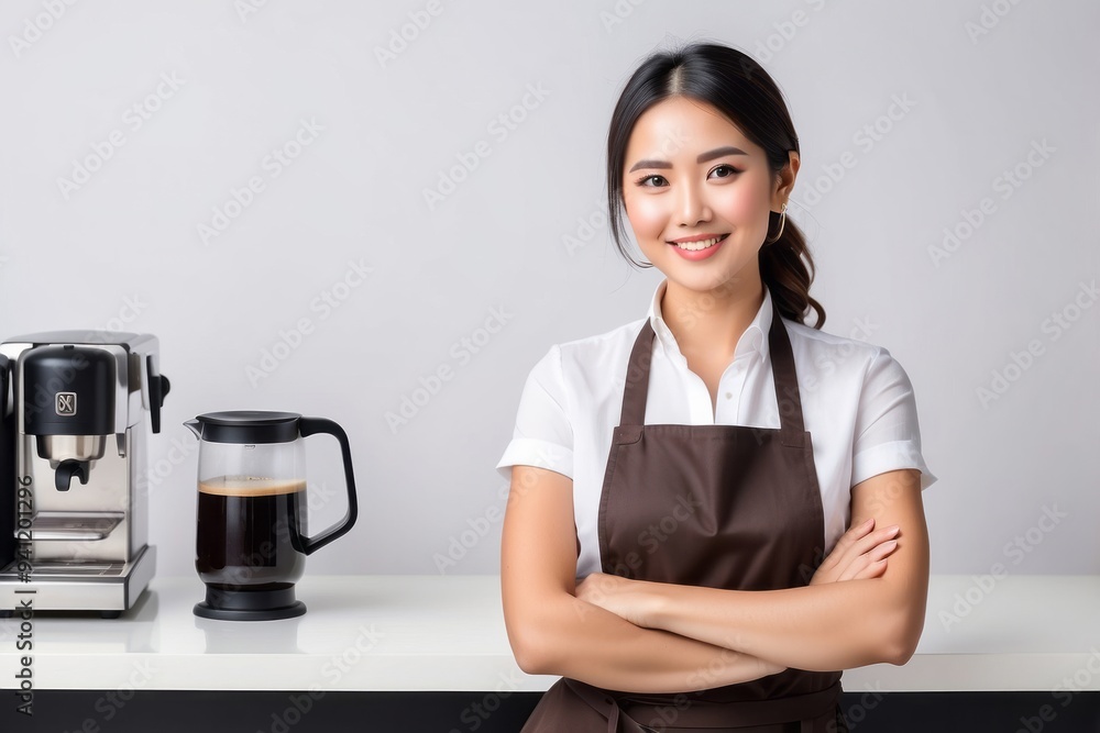 Smiling Barista Wearing Apron Standing by Coffee Machine and Carafe Smiling Barista Wearing Apron Standing by Coffee Machine and Carafe