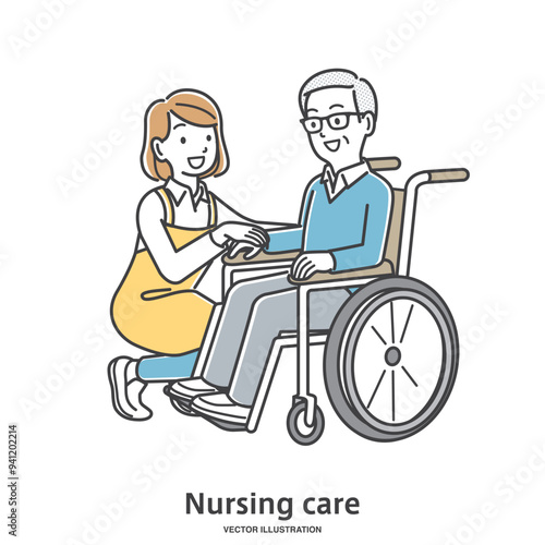 車椅子の高齢男性を介助する介護士の女性