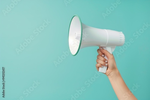 Female hand holding modern megaphone on blue background