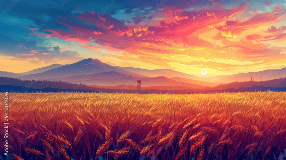 Fototapeta premium Golden Field with a Sunset Over Silhouetted Mountains