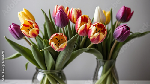 Colorful tulips in a semi-transparent glass vase placed on a plain white surface against a gray background.