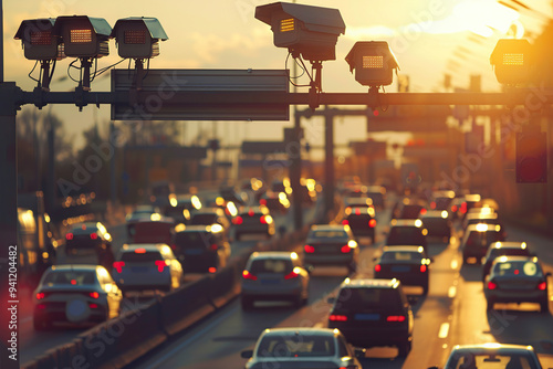 Security CCTV camera observes vehicular traffic on a road