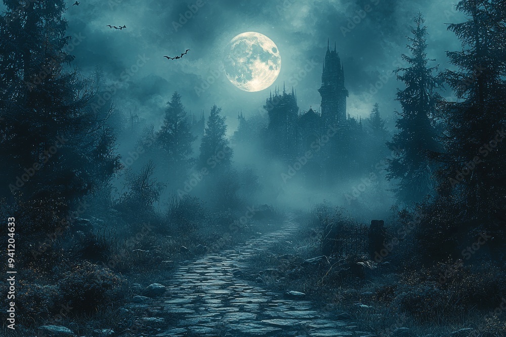Ghostly Gothic castle in night of Halloween, haunted mansion and bats in full moon. Horror scene with big gloomy house in dark blue background. Ghostly Gothic castle in night of Halloween, haunted mansion and bats in full moon. Horror scene with big gloomy house in dark blue background.