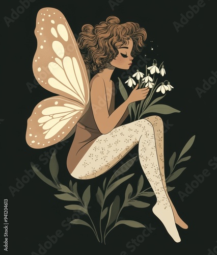 A cute illustration of an ethereal fairy with large moth wings holding snowdrops. S photo