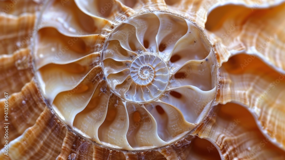 Abstract art piece featuring a nautilus shell, with a focus on its fibonacci spiral. The shell's natural beauty is a stunning focal point in this art piece. Abstract art piece featuring a nautilus shell, with a focus on its fibonacci spiral. The shell's natural beauty is a stunning focal point in this art piece.