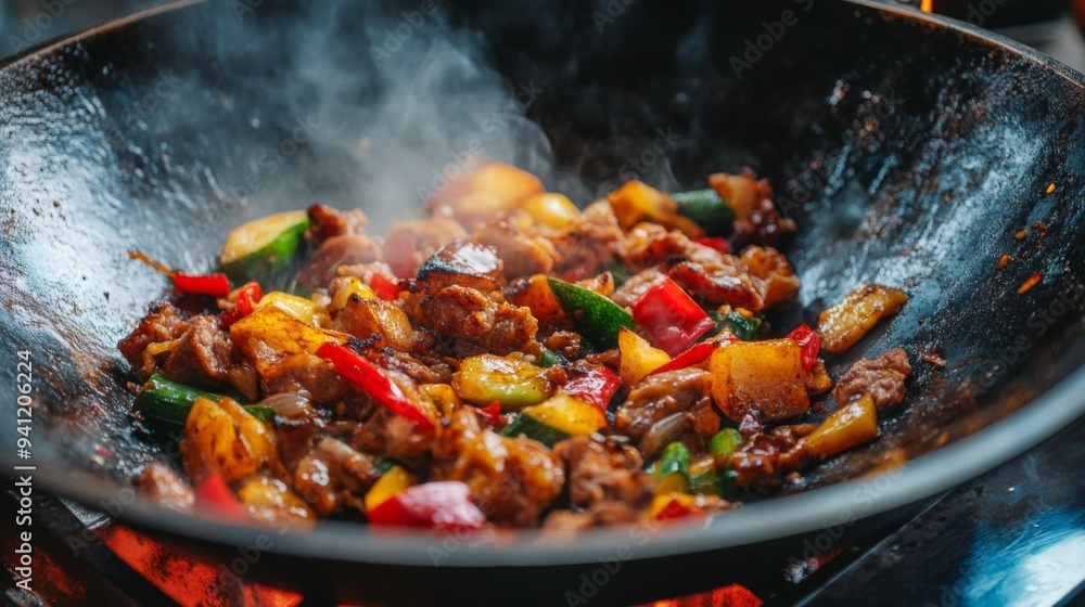 A close-up of a wok with stir-fried vegetables and meat, with a focus on the high sides and the vibrant colors of the cooked ingredients. A close-up of a wok with stir-fried vegetables and meat, with a focus on the high sides and the vibrant colors of the cooked ingredients.
