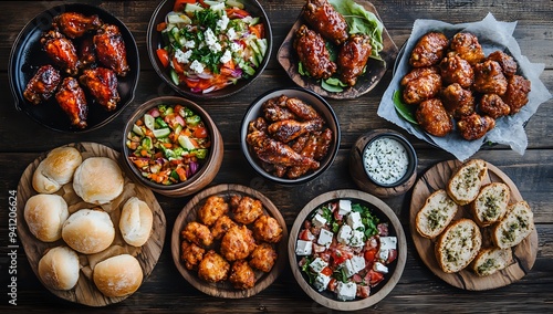 Delicious Food Platter with Chicken Wings, Salads, and Bread