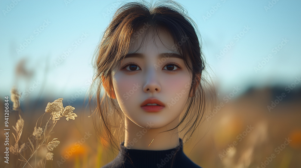 Korean woman standing in a lush field with colorful flowers during golden hour, capturing the serene beauty of nature Korean woman standing in a lush field with colorful flowers during golden hour, capturing the serene beauty of nature