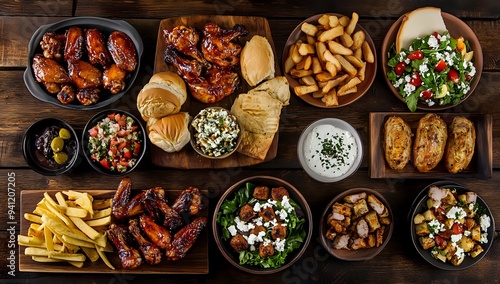 Delicious Food Platter with Crispy Potato Wedges, Savory Chicken Wings, and Fresh Salads