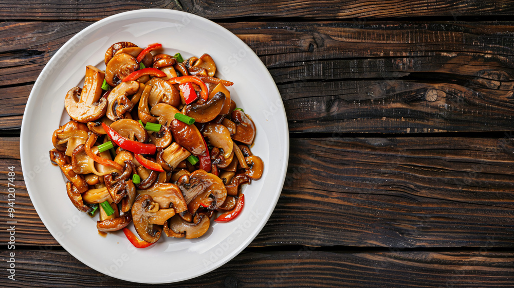 White plate is presenting a delicious and healthy serving of sauteed mushrooms and red peppers seasoned with herbs and spices White plate is presenting a delicious and healthy serving of sauteed mushrooms and red peppers seasoned with herbs and spices