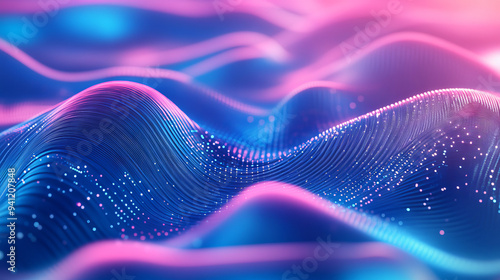 An abstract futuristic design with blue and pink waves and moving dots, featuring a glitch effect. Ideal for brochures, flyers, magazines, business cards, and banners.  photo