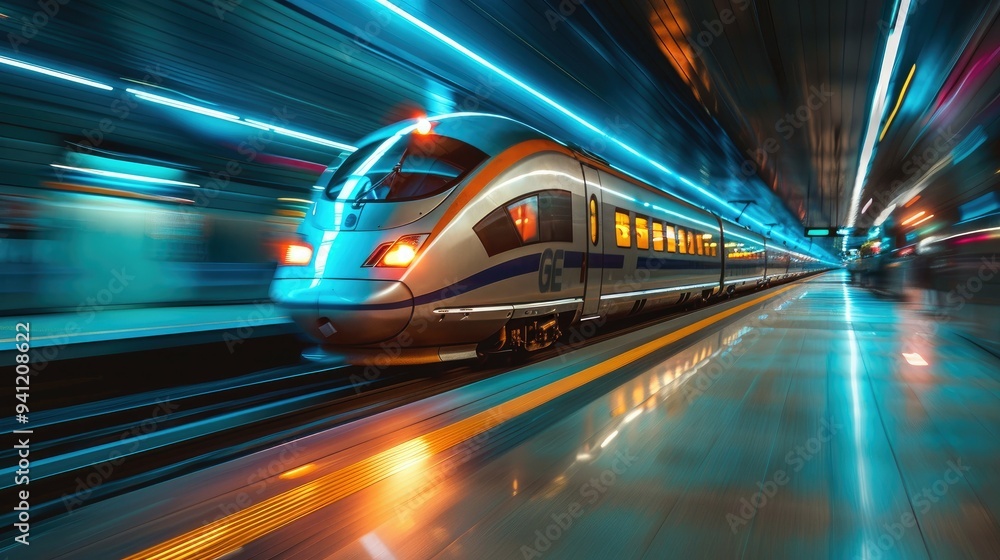 Fototapeta premium High-Speed Train Blurred in Motion Under Neon Lights