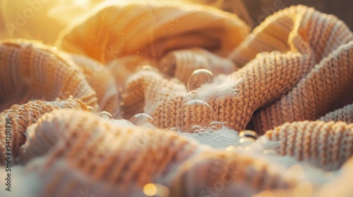 Close-up of cozy wool blankets with soap bubbles under warm sunlight, capturing a sense of softness and warmth.