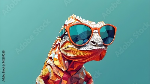 Vector art, digital art, faceted, minimalist, abstract, panorama background with a chameleon donning sunglasses. AI generative. photo