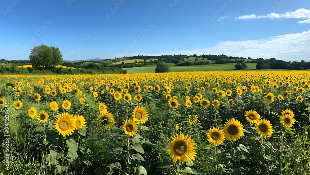 Sunflowers Blooming in a Field with Green Hills in the Background Sunflowers Blooming in a Field with Green Hills in the Background