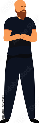 Security guard standing with arms crossed looking away