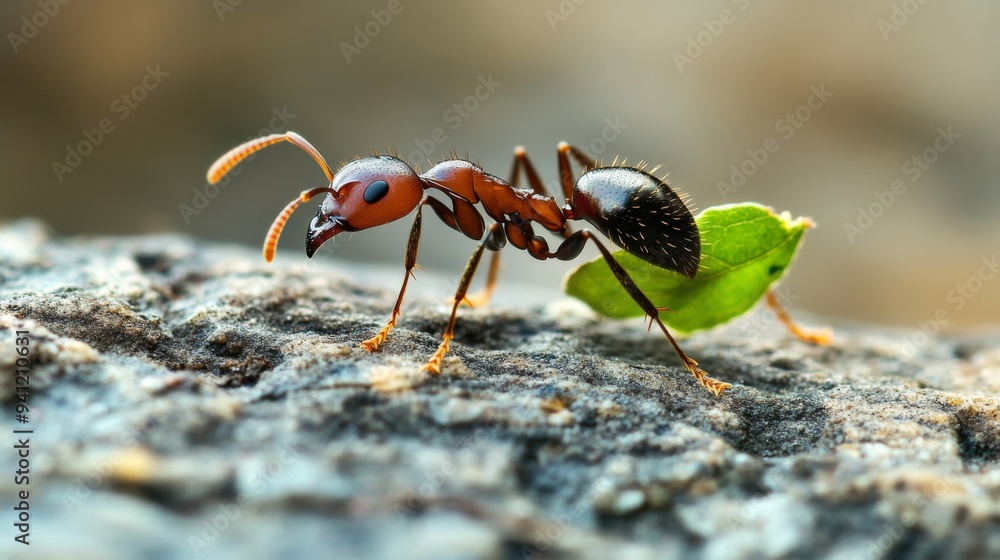 A close-up of an ant carrying a small crumb or leaf fragment back to its nest, highlighting its strength and determination. A close-up of an ant carrying a small crumb or leaf fragment back to its nest, highlighting its strength and determination.