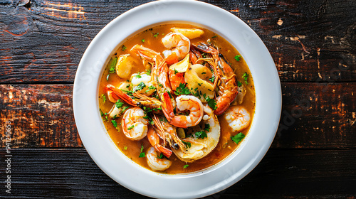 Piping hot seafood soup is presented in a white bowl on a rustic wooden table