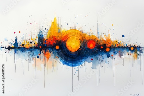 It features an abstract watercolor triptych composed of vibrant yellow and serene blue to create fluidity among geometric shapes. photo