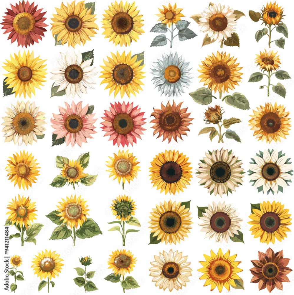 A collection of sunflowers in various colors and sizes. The flowers are arranged in a grid pattern, with some overlapping and others standing alone. Scene is cheerful and bright A collection of sunflowers in various colors and sizes. The flowers are arranged in a grid pattern, with some overlapping and others standing alone. Scene is cheerful and bright