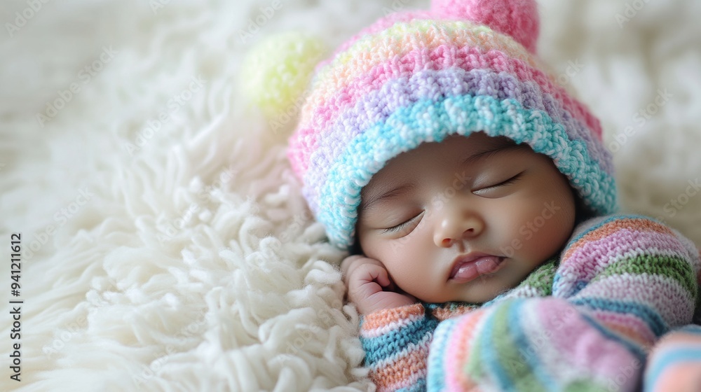 A baby sleeping in a colorful knit hat and sweater, AI A baby sleeping in a colorful knit hat and sweater, AI
