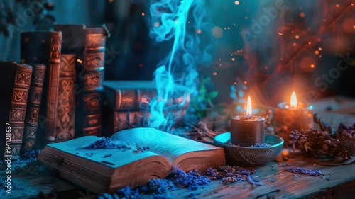 Mystical still life with ancient spell books, glowing candles, and ethereal blue smoke. Magical herbs and enchanted objects create a captivating Wiccan tableau.