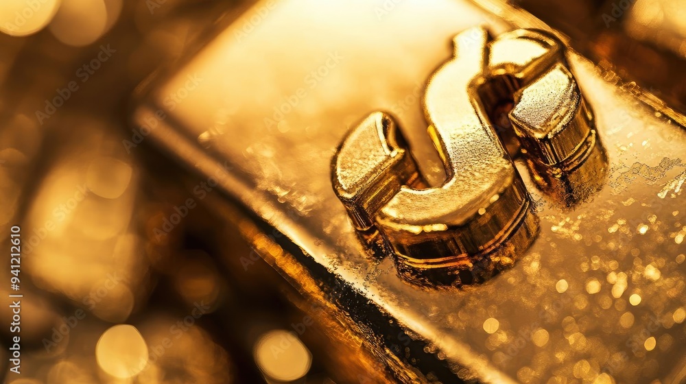 Close-up of a gold bar featuring a prominent dollar sign, symbolizing wealth, luxury, and investment opportunities. Close-up of a gold bar featuring a prominent dollar sign, symbolizing wealth, luxury, and investment opportunities.