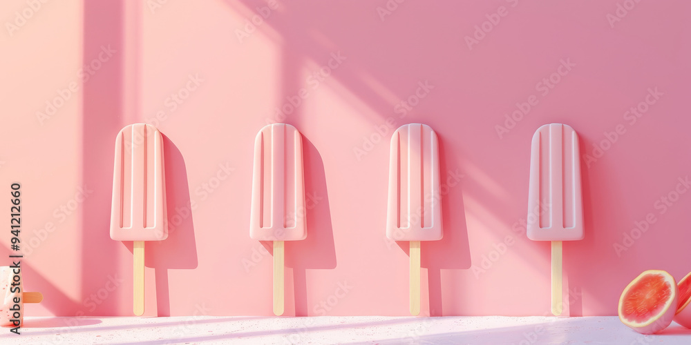 Banner with Four pastel pink popsicles on soft pink wall, casting long shadows in sunlight. Copy space Banner with Four pastel pink popsicles on soft pink wall, casting long shadows in sunlight. Copy space