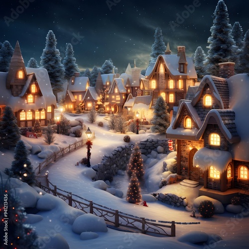 Winter village at night with snow and fir trees. 3d rendering