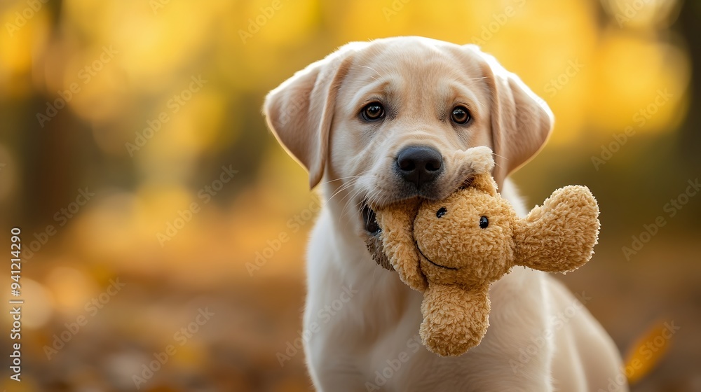 Adorable Labrador Retriever Puppy Holding a Toy in Its Mouth with Blank Copy Space Background Perfect for Product Placement or Text Overlay Adorable Labrador Retriever Puppy Holding a Toy in Its Mouth with Blank Copy Space Background Perfect for Product Placement or Text Overlay