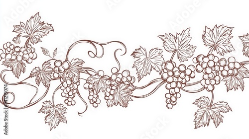 Floral grapevine ornament with thick line pattern featuring editable stroke, showcasing grape branches and leaves in vector format.